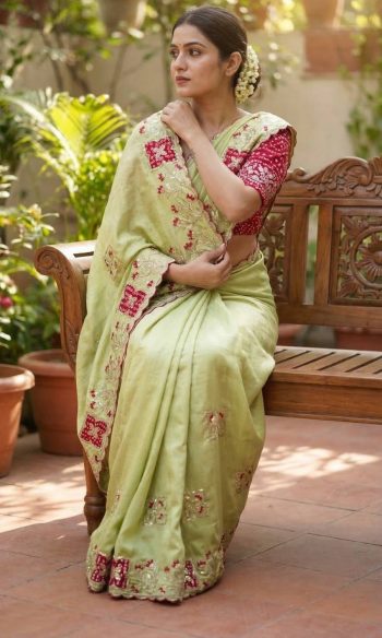 TRENDING PREMIUM CHINON ZARI EMBROIDERY SEQUENCE  BANDHANI PRINT  WORK SAREE WITH BLOUSE PISTA AND RANI