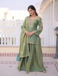 BOLLYWOOD  PURE FENDY SILK SEQUENCE CODING EMBROIDERY WORK TOP PALAZZO WITH DUPATTA GREEN
