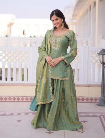 BOLLYWOOD  PURE FENDY SILK SEQUENCE CODING EMBROIDERY WORK TOP PALAZZO WITH DUPATTA GREEN