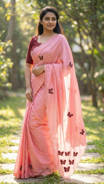 ELEGANCE PREMIUM CHINON SILK  BEAUTIFUL ELEGANCE KHATLI WORK SAREE WITH UNSTITCHED BLOUSE BABY PINK AND RANI