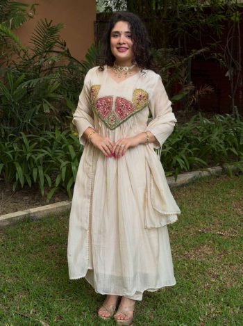 MODERN MUL CHANDERI EMBROIDERY  SEQUENCE &CODING DORI WITH HAND-WORK  ANARKALI BOTTOM WITH DUPATTA OFF WHITE