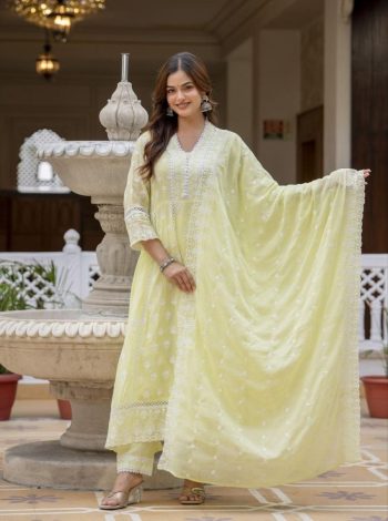 RICH LOOK MUL COTTON LUCKNOWI WORK GOWN BOTTOM WITH DUPATTA LIGHT YELLOW