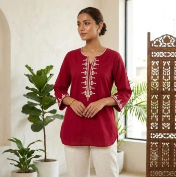 RICH LOOK VATICAN EMBROIDERY  WROK SHORT KURTI MAROON