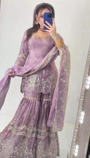 TRENDING HEAVY FENDY CRUSH SEQUENCE AND EMBROIDERY WORK TOP SHARARA WITH DUPATTA LAVENDER