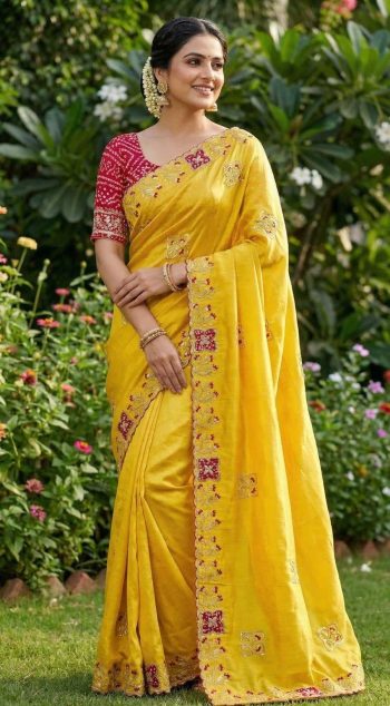 TRENDING PREMIUM CHINON ZARI EMBROIDERY SEQUENCE  BANDHANI PRINT  WORK SAREE WITH BLOUSE YELLOW AND RANI