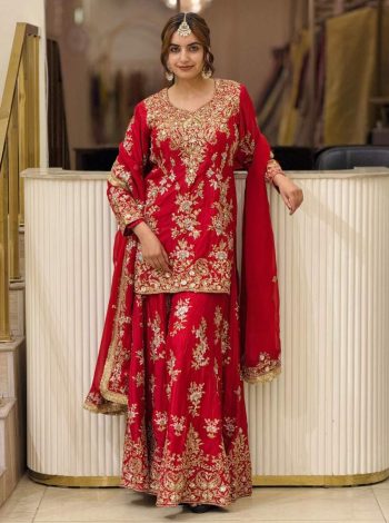 DESIGNER GEORGETTE EMBROIDERY  SEQUENCE WORK WITH FANCY LATKAN BORDER WORK TOP PALAZZO WITH DUPATTA RED