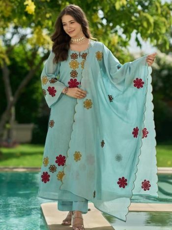 RICH LOOK CHANDERI SILK EMBROIDERY WORK TOP BOTTOM WITH DUPATTA SKY