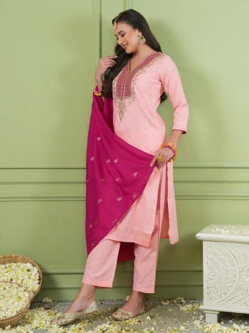 TRENDING SHIMMER GOLD SILK SEQUENCE CODING EMBROIDERY WORK TOP BOTTOM WITH DUPATTA BABY PINK AND RANI