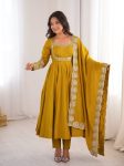 DESIGNER ROMAN SILK EMBROIDERY SEQUENCE WORK GOWN BOTTOM WITH DUPATTA MUSTARD