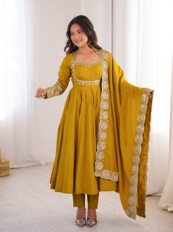 DESIGNER ROMAN SILK EMBROIDERY SEQUENCE WORK GOWN BOTTOM WITH DUPATTA MUSTARD