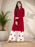 FANCY RAYON COTTON PLAIN TOP WITH EMBROIDERY WORK PALAZZO RED