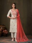 MOST PICKED KHADI COTTON  EMBROIDERY WORK TOP BOTTOM WITH DUPATTA WHITE AND ORANGE