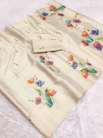 RICH LOOK LINEN TISSUE SILK PRINT WORK SAREE WITH UNSTITCHED BLOUSE OFF WHITE AND MULTI
