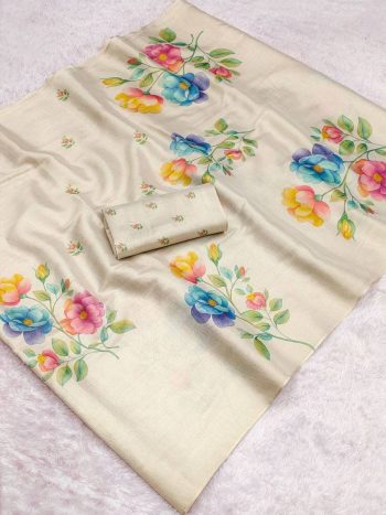 RICH LOOK LINEN TISSUE SILK PRINT WORK SAREE WITH UNSTITCHED BLOUSE OFF WHITE AND MULTI