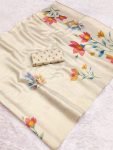 RICH LOOK LINEN TISSUE SILK PRINT WORK SAREE WITH UNSTITCHED BLOUSE OFF WHITE