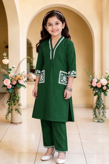 ATTRACTIV  COTTON BLEND  EMBROIDERY  WORK KID'S TOP DUPATTA  GREEN