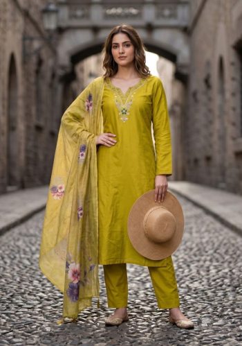 ATTRACTIV VISCOSE ROMAN HAND WORK TOP BOTTOM WITH DUPATTA LEMON