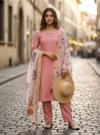ATTRACTIV VISCOSE ROMAN HAND WORK TOP BOTTOM WITH DUPATTA PEACH