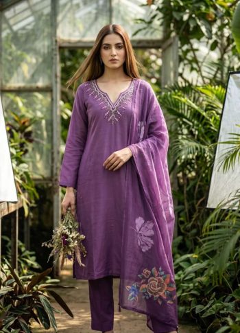 ATTRACTIV VISCOSE ROMAN HAND WORK TOP BOTTOM WITH DUPATTA PURPLE