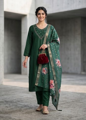 ATTRACTIV VISCOSE ROMAN HAND WORK TOP BOTTOM WITH DUPATTA GREEN