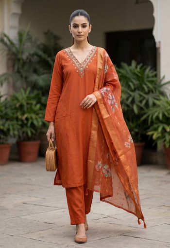 ATTRACTIV VISCOSE ROMAN HAND WORK TOP BOTTOM WITH DUPATTA ORANGE