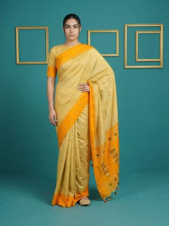 ATTRACTIVE HANDLOOM SILK ZARI WEAVING , WOVEN CONTRAST MUNIYA BORDER  SAREE WITH UNSTITCHED BLOUSE CREAM AND YELLOW