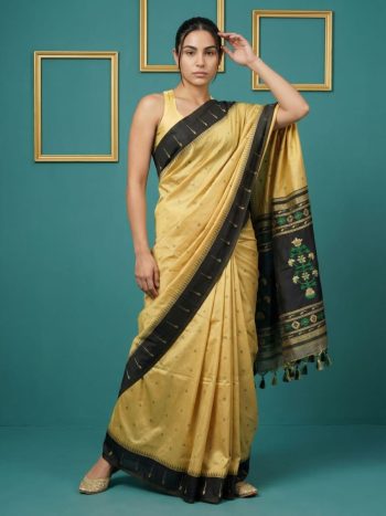 ATTRACTIVE HANDLOOM SILK ZARI WEAVING , WOVEN CONTRAST MUNIYA BORDER  SAREE WITH UNSTITCHED BLOUSE CREAM AND BLACK