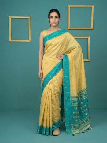 ATTRACTIVE HANDLOOM SILK ZARI WEAVING , WOVEN CONTRAST MUNIYA BORDER  SAREE WITH UNSTITCHED BLOUSE CREAM AND RAMA
