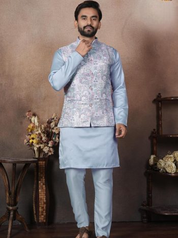 ATTRACTIVE MALAI SATIN  KURTA KOTI WITH PAYJAMA SKY