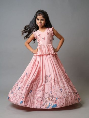 ATTRACTIVE MUSLIN DIGITAL PRINTED WORK AND FRILL-WORK BORDER KID'S TOP LEHENGA  PEACH