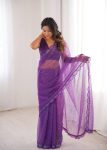 ATTRACTIVE NET THREAD & SEQUENCE EMBROIDERY WORK SAREE WITH UNSTITCHED BLOUSE PURPLE