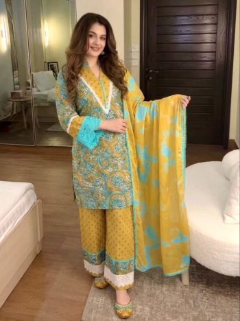 ATTRACTIVE PURE PRINTED CAMBRIC COTTON EMBROIDERY WORK WITH FANCY GPU LACE BORDER TOP BOTTOM WITH DUPATTA LEMON