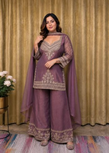 BOLLYWOOD CRUNCHY SILK 5MM SEQUENCE AND ZARI EMBROIDERY WORK TOP PALAZZO WITH DUPATTA    LAVENDER