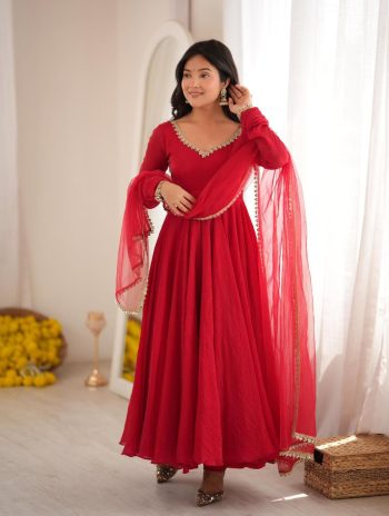 BOLLYWOOD DOREMON CRUSH REAL MIRROR WORK LACE BORDER GOWN BOTTOM WITH DUPATTA RED