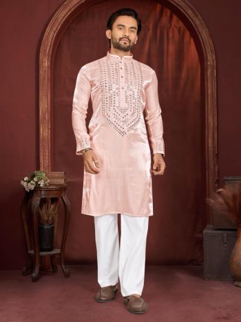 BOLLYWOOD PREMIUM VISCOSE SILK MIRROR WORK KURTA PAYJAMA  PEACH