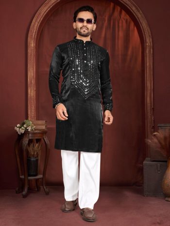 BOLLYWOOD PREMIUM VISCOSE SILK MIRROR WORK KURTA PAYJAMA BLACK