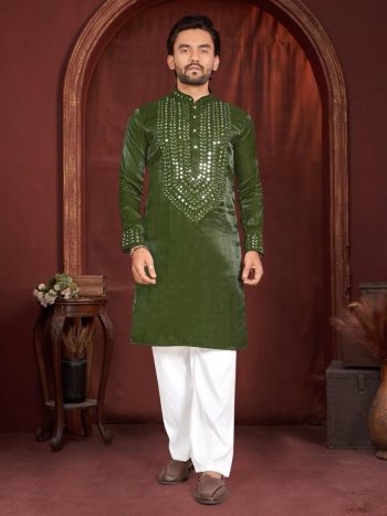 BOLLYWOOD PREMIUM VISCOSE SILK MIRROR WORK KURTA PAYJAMA GREEN