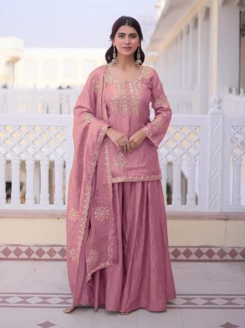 BOLLYWOOD  PURE FENDY SILK SEQUENCE CODING EMBROIDERY WORK TOP PALAZZO WITH DUPATTA PINK