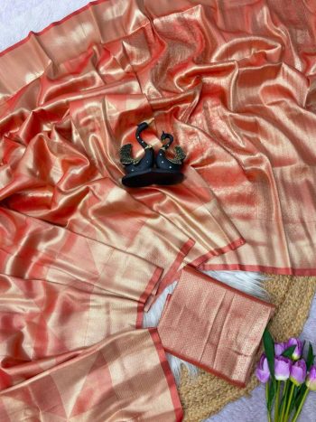 BOLLYWOOD SOFT TISSUE SATIN SILK  TWO TONE SHADAD SAREE WITH UNSTITCHED BLOUSE PEACH