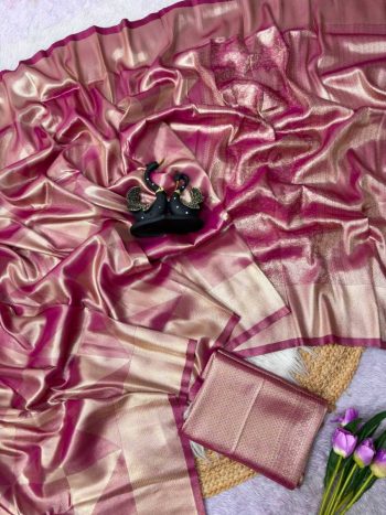 BOLLYWOOD SOFT TISSUE SATIN SILK  TWO TONE SHADAD SAREE WITH UNSTITCHED BLOUSE PINK