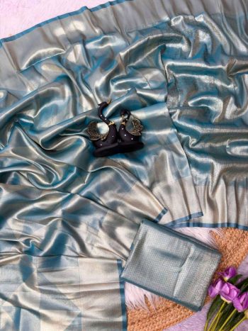 BOLLYWOOD SOFT TISSUE SATIN SILK  TWO TONE SHADAD SAREE WITH UNSTITCHED BLOUSE SEA BLUE