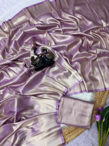 BOLLYWOOD SOFT TISSUE SATIN SILK  TWO TONE SHADAD SAREE WITH UNSTITCHED BLOUSE PURPLE