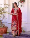 DESIGNER CHINON EMBROIDERY SEQUENCE DIAMOND HAND WORK TOP PALAZZO WITH DUPATTA RED