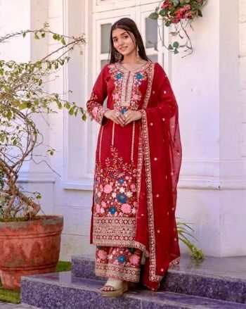 DESIGNER CHINON EMBROIDERY SEQUENCE DIAMOND HAND WORK TOP PALAZZO WITH DUPATTA RED
