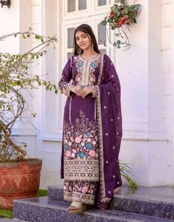 DESIGNER CHINON EMBROIDERY SEQUENCE DIAMOND HAND WORK TOP PALAZZO WITH DUPATTA  PURPLE
