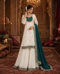 DESIGNER CHINON SILK EMBROIDERY AND SEQUENCE WORK WITH LATKAN LACE BORDER WORK TOP PALAZZO WITH DUPATTA  WHITE AND TEAL