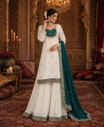 DESIGNER CHINON SILK EMBROIDERY AND SEQUENCE WORK WITH LATKAN LACE BORDER WORK TOP PALAZZO WITH DUPATTA  WHITE AND TEAL