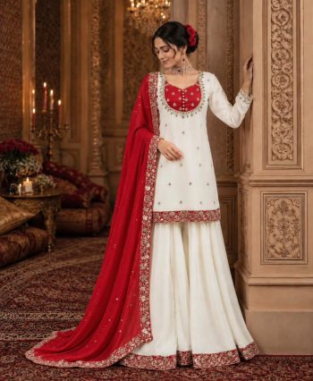 DESIGNER CHINON SILK EMBROIDERY AND SEQUENCE WORK WITH LATKAN LACE BORDER WORK TOP PALAZZO WITH DUPATTA  WHITE AND RED