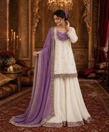DESIGNER CHINON SILK EMBROIDERY AND SEQUENCE WORK WITH LATKAN LACE BORDER WORK TOP PALAZZO WITH DUPATTA  WHITE AND LAVENDER