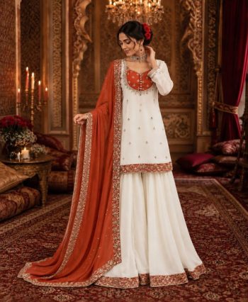 DESIGNER CHINON SILK EMBROIDERY AND SEQUENCE WORK WITH LATKAN LACE BORDER WORK TOP PALAZZO WITH DUPATTA  WHITE AND RUST